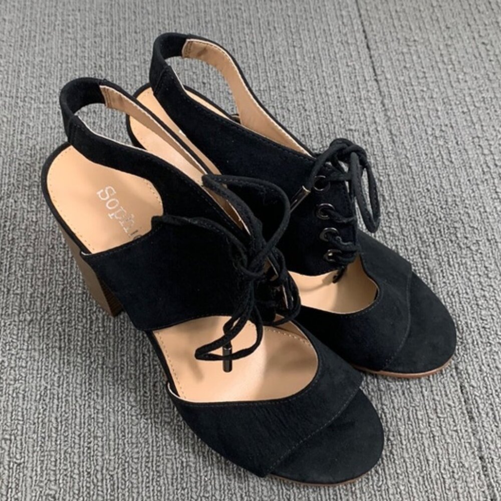 Sophie17 Heeled Sandals Lace up Ghillies Womens Size 8 Black Faux Suede Lotus